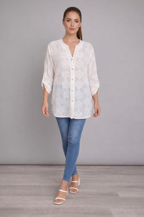 Cotton Embroidered Button Down Top White