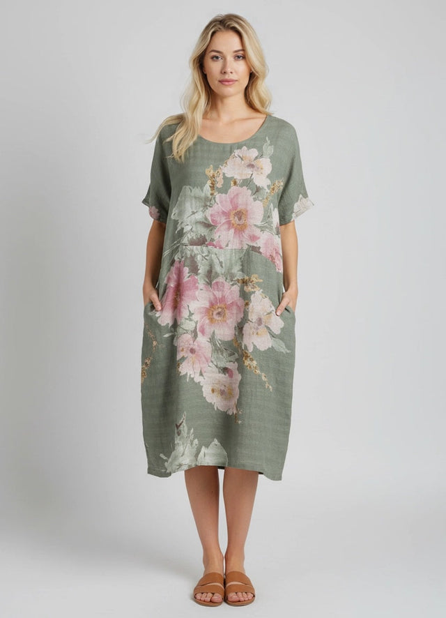 Floral Cotton Dress-Khaki