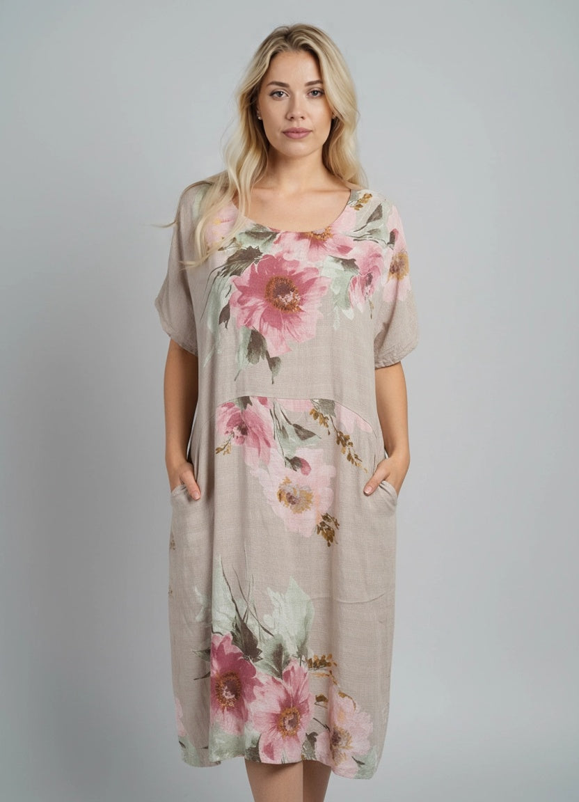 Floral Cotton Dress Beige