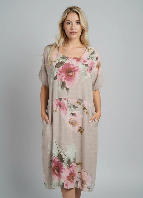 Floral Cotton Dress Beige