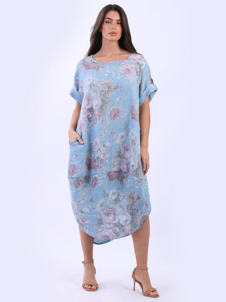 Oversized Linen Floral Print Midi Dress