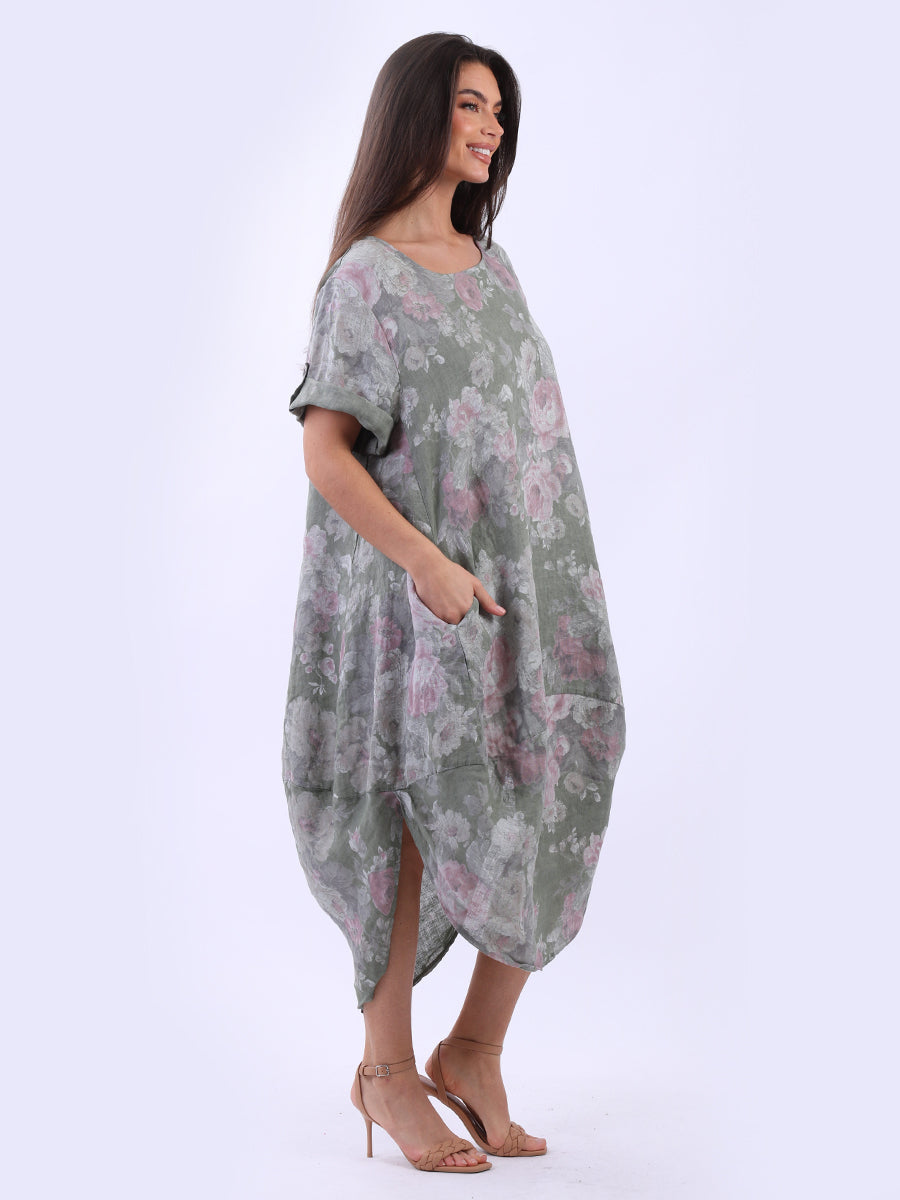 Oversized Linen Floral Print Midi Dress