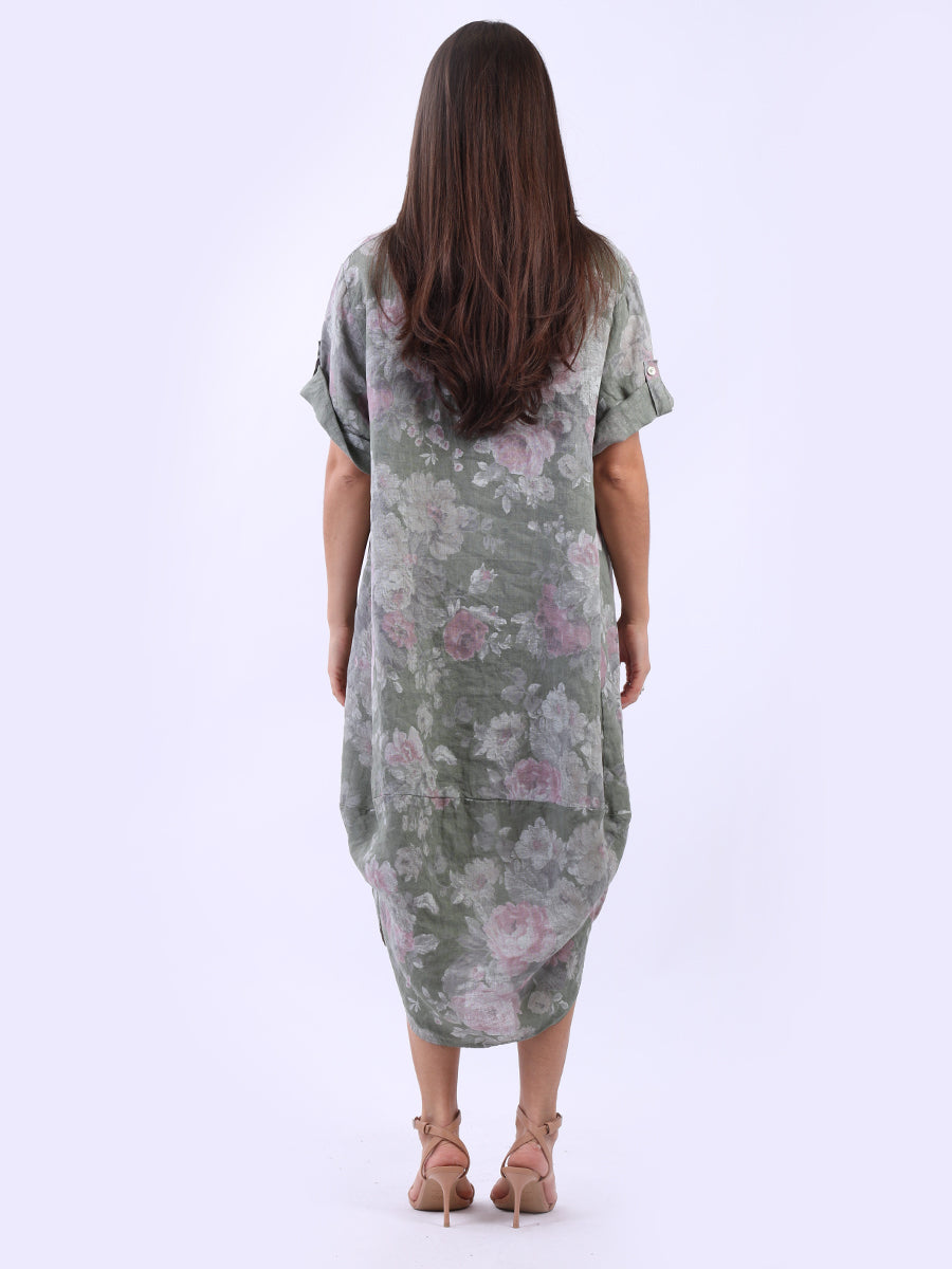 Oversized Linen Floral Print Midi Dress