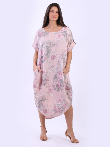 Oversized Linen Floral Print Midi Dress