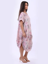 Oversized Linen Floral Print Midi Dress