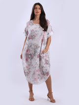 Oversized Linen Floral Print Midi Dress