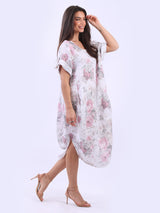 Oversized Linen Floral Print Midi Dress