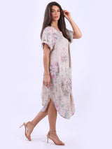 Oversized Linen Floral Print Midi Dress