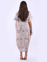 Oversized Linen Floral Print Midi Dress