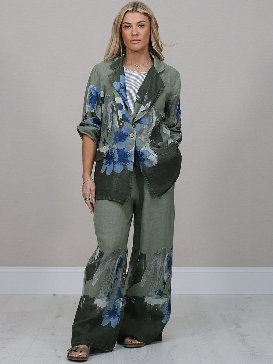 Floral Linen Jacket Khaki
