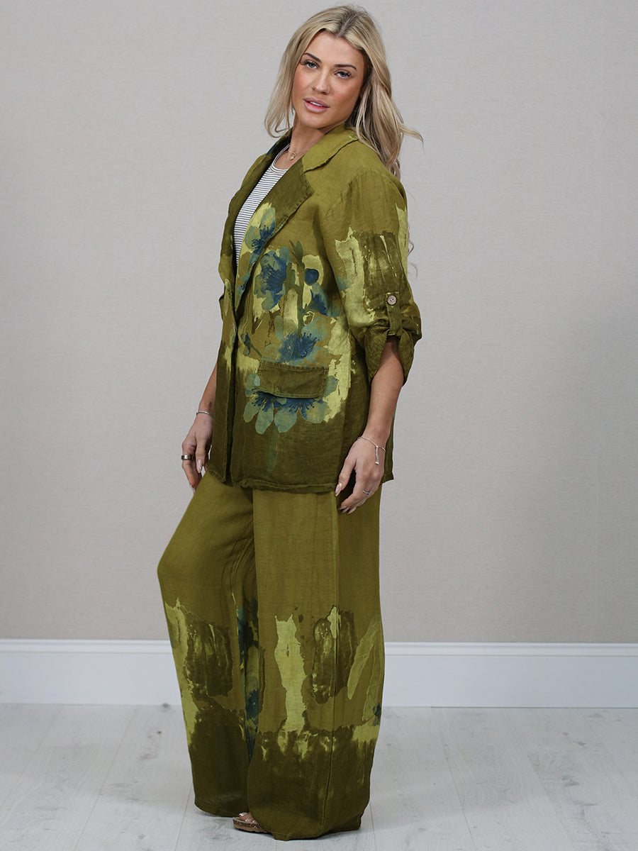 Made In Italy Floral Front Button Linen Jacket