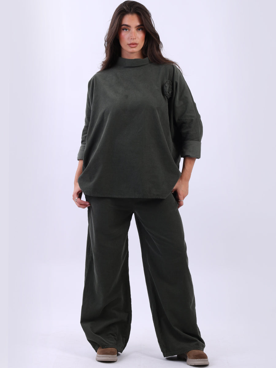 Cowl Neck Solid Cotton Corduroy Baggy Top