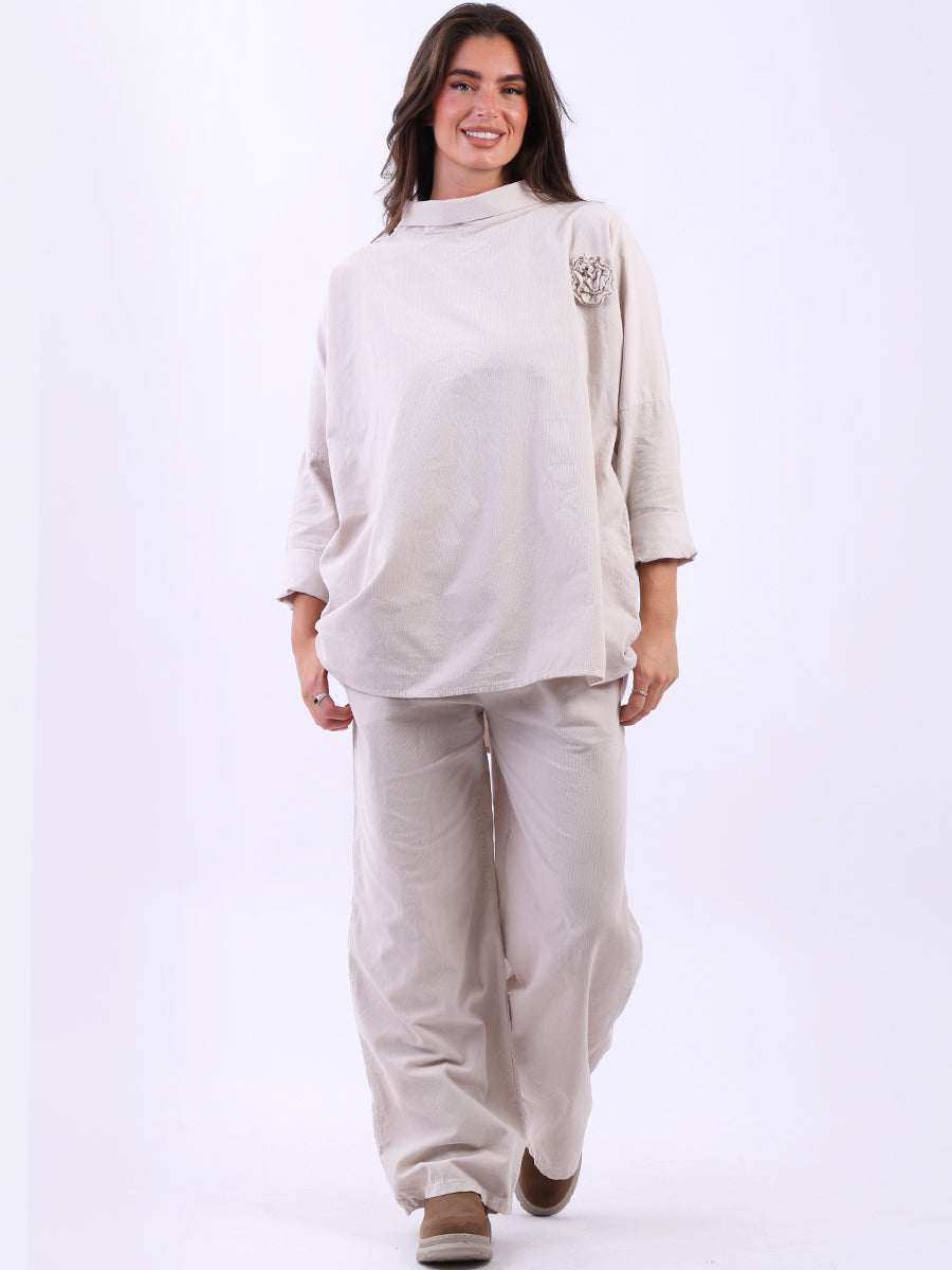 Cowl Neck Solid Cotton Corduroy Baggy Top