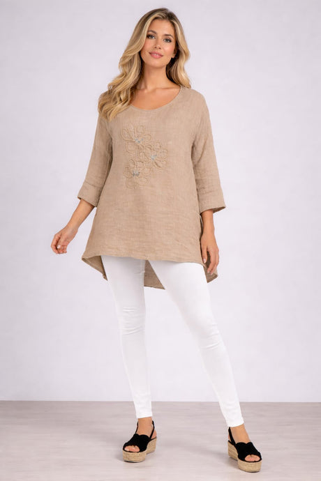 Flower Applique Linen Top Beige