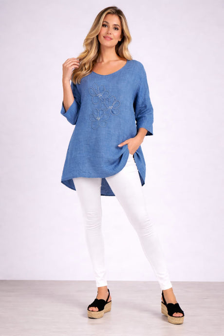 Flower Applique Linen Top Denim