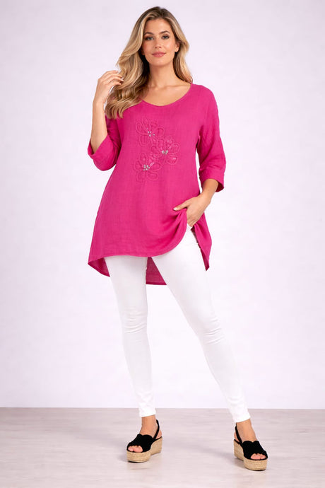 Flower Applique Linen Top Fuchsia