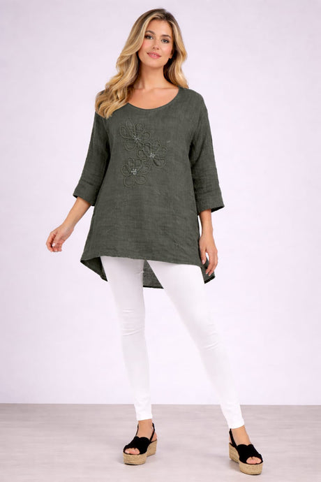 Flower Applique Linen Top Khaki