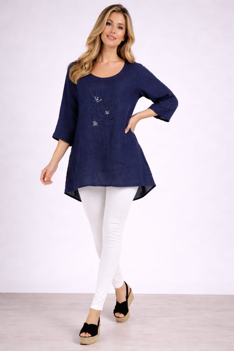 Flower Applique Linen Top Navy