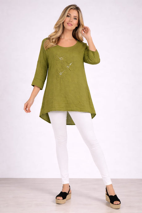 Flower Applique Linen Top Olive
