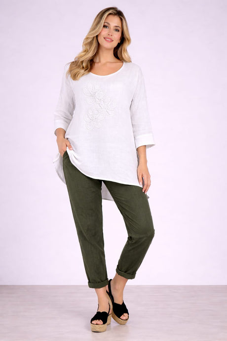 Flower Applique Linen Top White