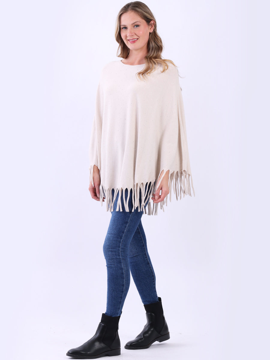 Women Glittery Knitted Fringed Poncho