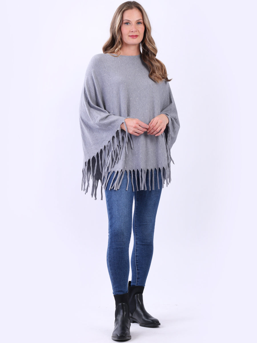 Women Glittery Knitted Fringed Poncho