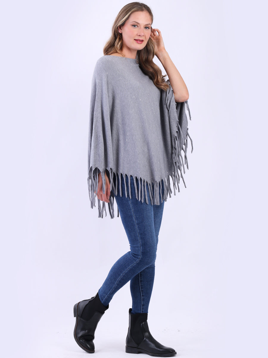 Women Glittery Knitted Fringed Poncho