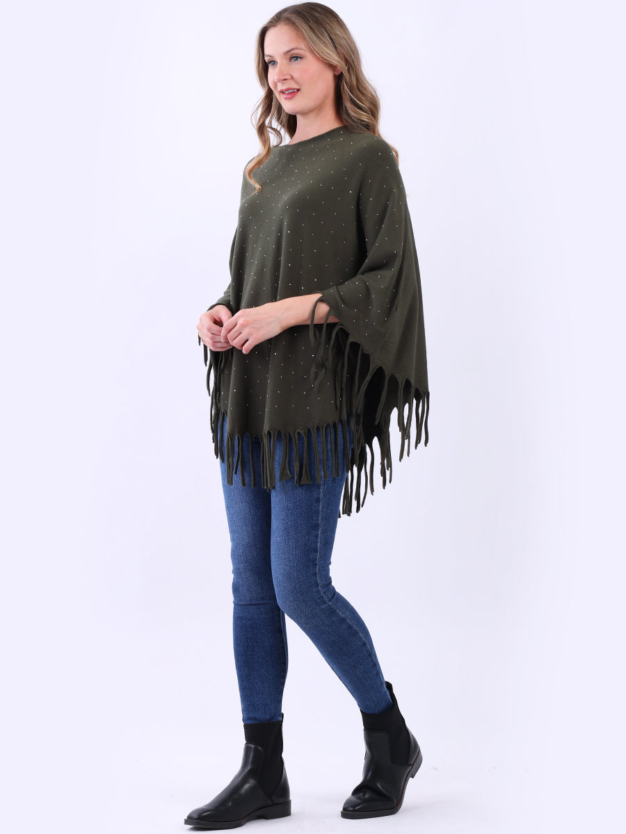 Women Glittery Knitted Fringed Poncho