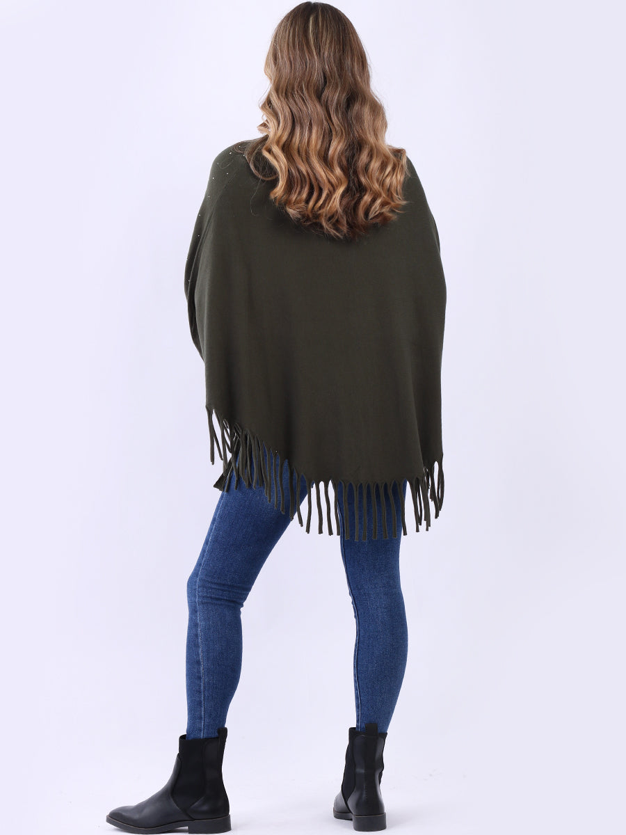 Women Glittery Knitted Fringed Poncho