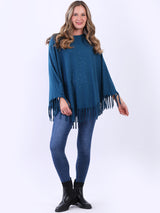 Women Glittery Knitted Fringed Poncho