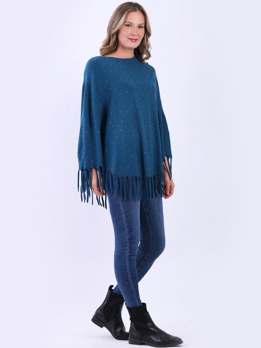 Women Glittery Knitted Fringed Poncho