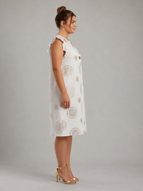 Plus Size Gold Foil Print Ruffle Sleeve Midi Dress
