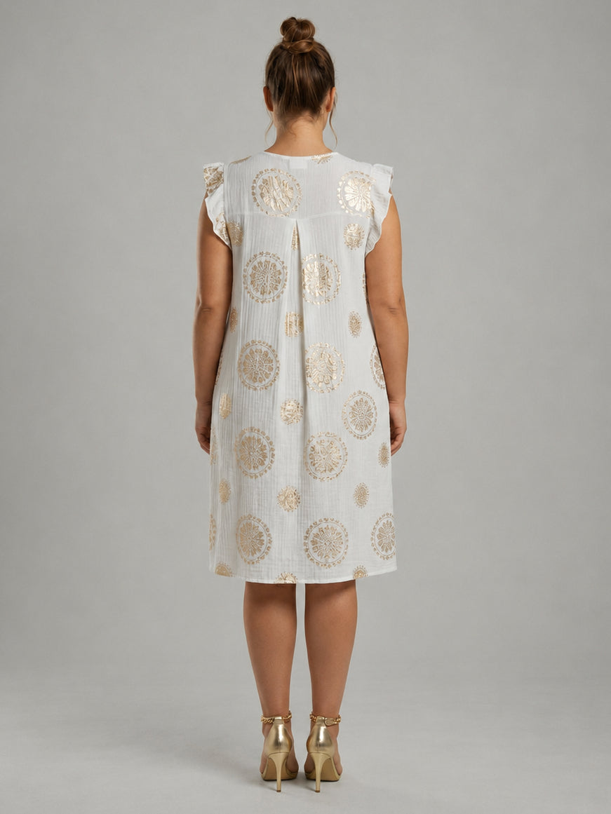 Plus Size Gold Foil Print Ruffle Sleeve Midi Dress