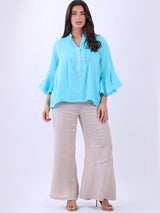 Solid Linen Bell Arms Crop Boxy Blouse