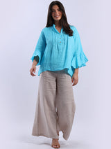 Solid Linen Bell Arms Crop Boxy Blouse