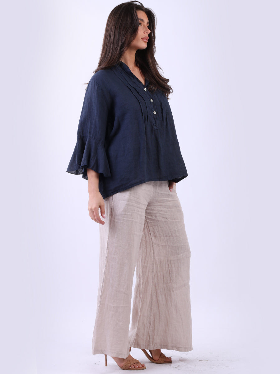 Solid Linen Bell Arms Crop Boxy Blouse