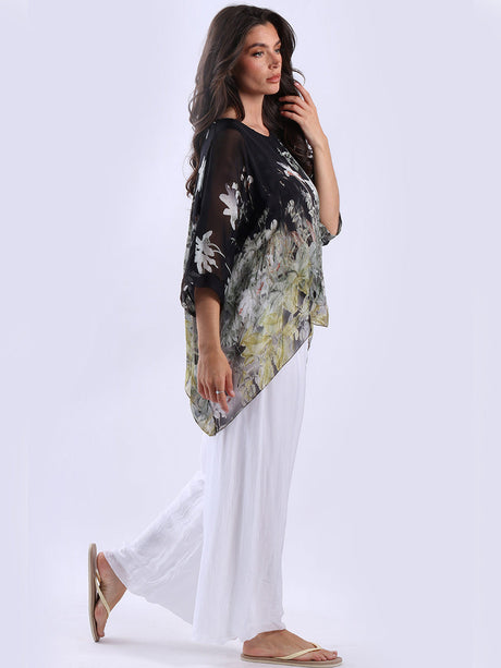 Floral Print Silk Batwing Tunic Top