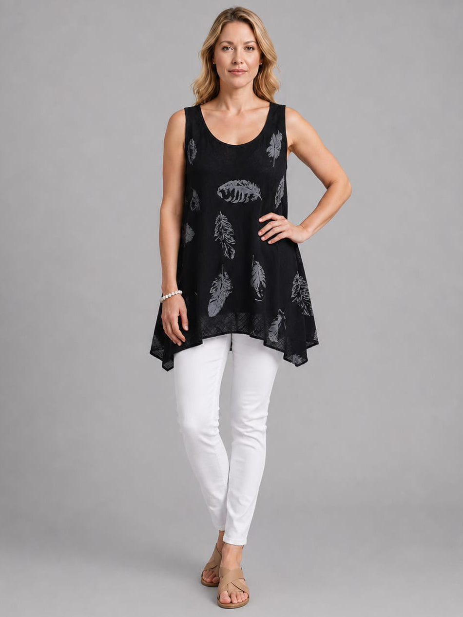 Feather Print Cotton Tunic Top Black