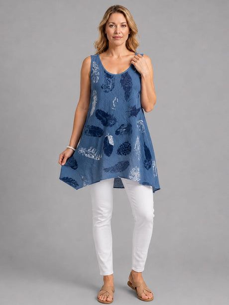 Feather Print Cotton Tunic Top Denim