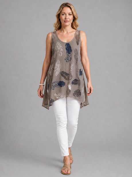 Feather Print Cotton Tunic Top Mocha