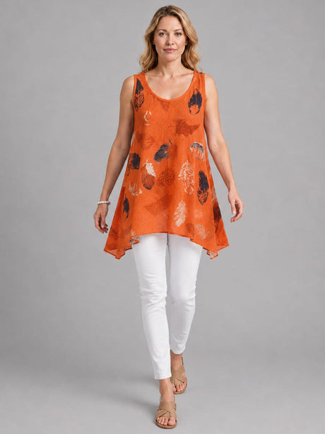 Feather Print Cotton Tunic Top Orange