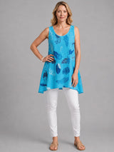 Feather Print Cotton Tunic Top Turquoise