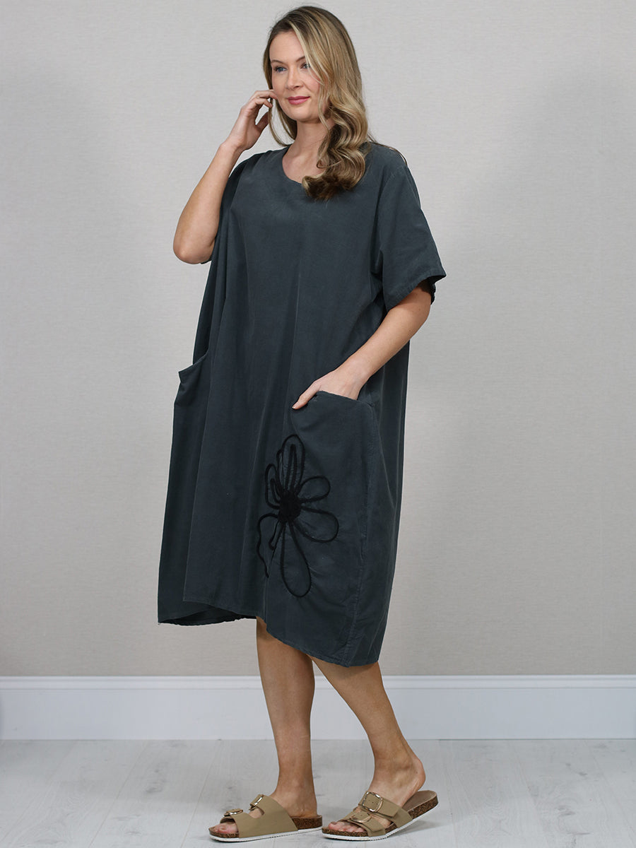 Floral Applique Baggy Cotton Dress