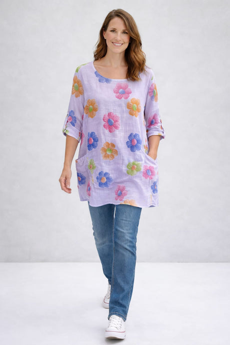 Flower Print Cotton Shirt Lilac