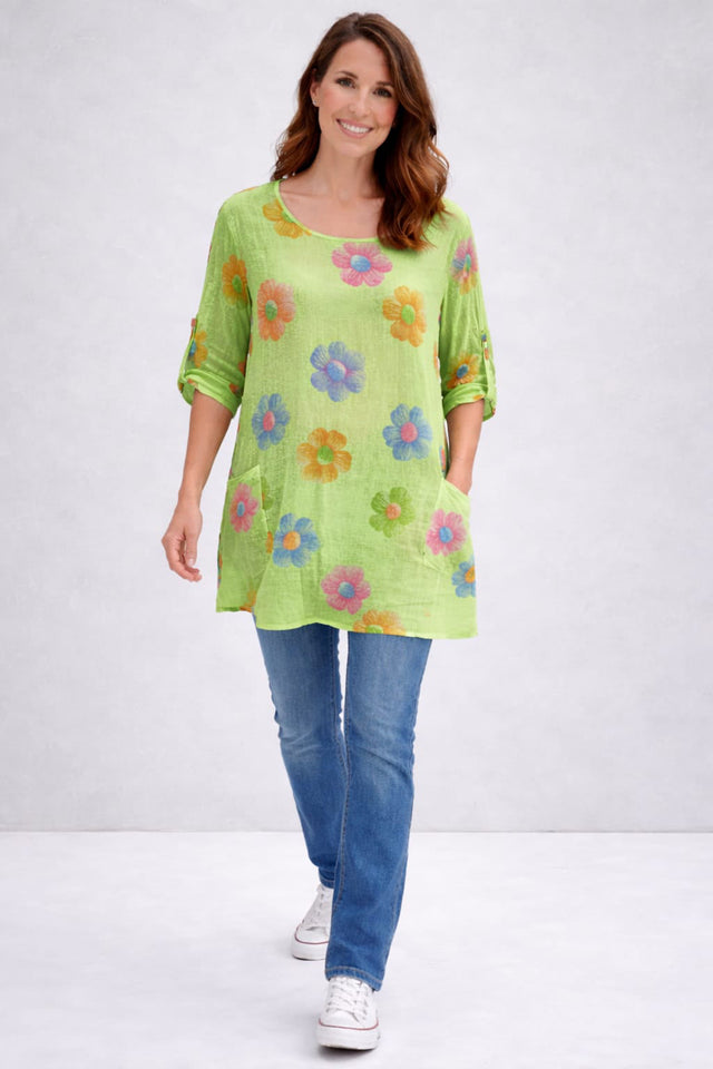 Flower Print Cotton Shirt Lime Green