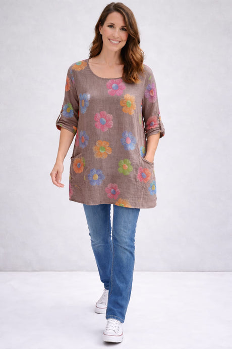 Flower Print Cotton Shirt Mocha