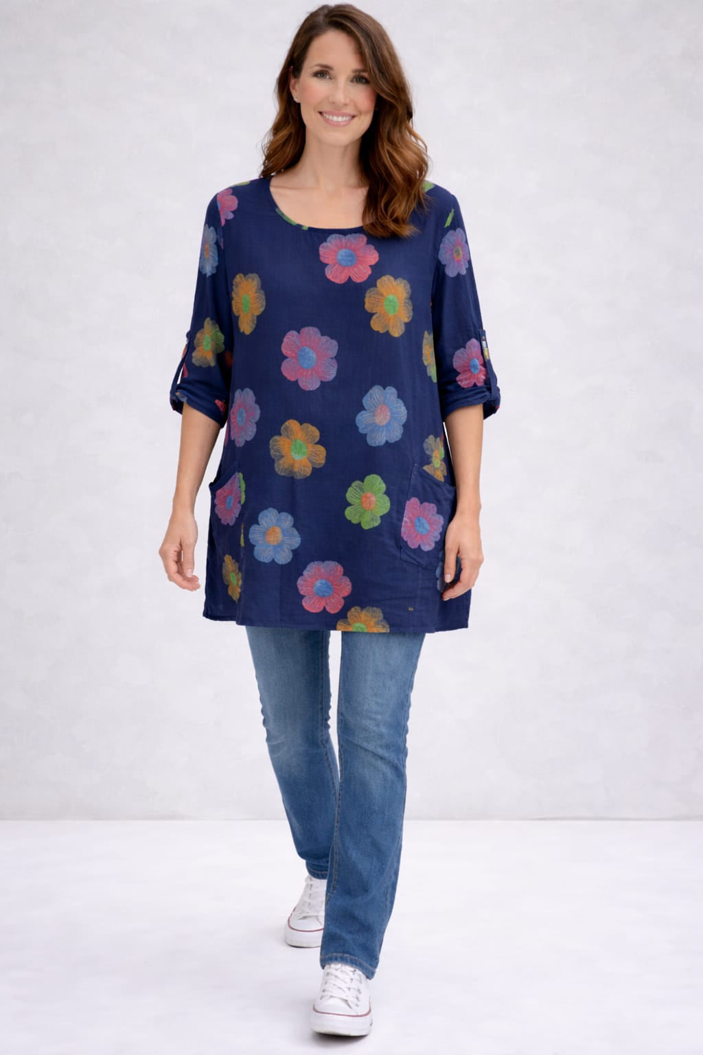 Flower Print Cotton Shirt Navy