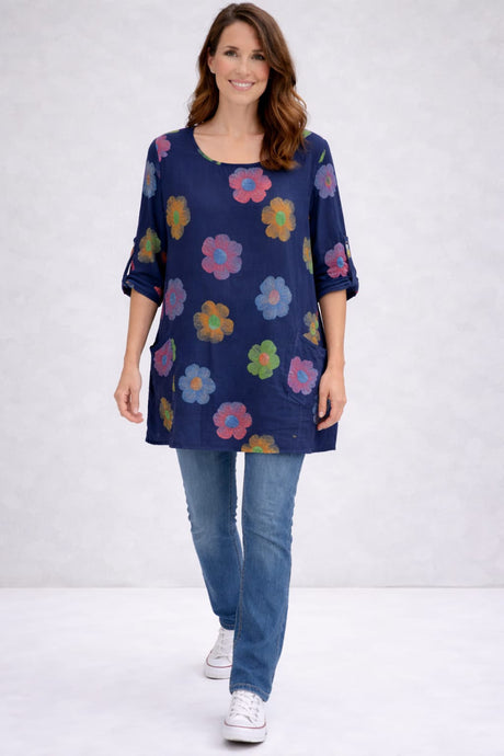 Flower Print Cotton Shirt Navy