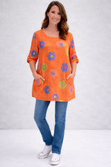 Flower Print Cotton Shirt Orange