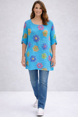 Flower Print Cotton Shirt Turquoise